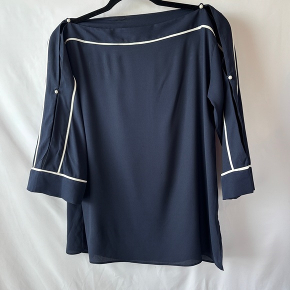 Ann Taylor Tops - Ann Taylor XS Navy Blue with White Trim Boat Neck Blouse Slit Sleeves NWT